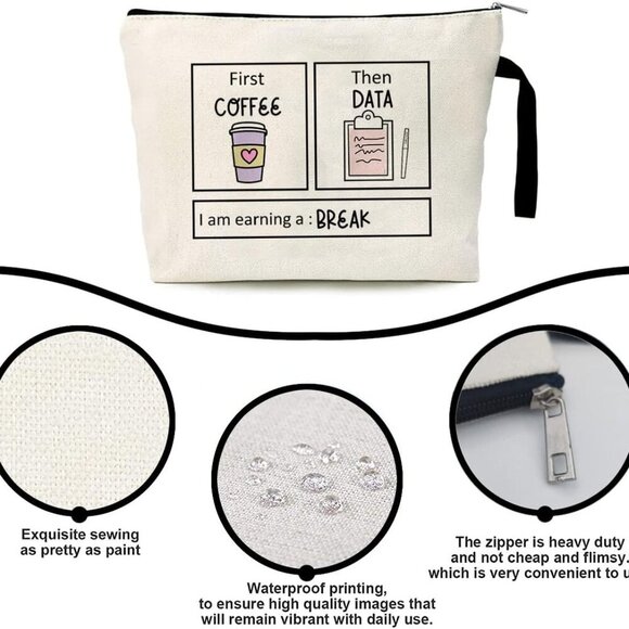 First Coffee Then Data Cosmetic Bag for Women Makeup Bags Toiletry Storage Canva - Picture 3 of 5